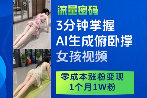 3分钟掌握AI生成俯卧撑女孩视频，零成本涨粉变现，1个月1W粉-蚂蚁汇资源分享项目网