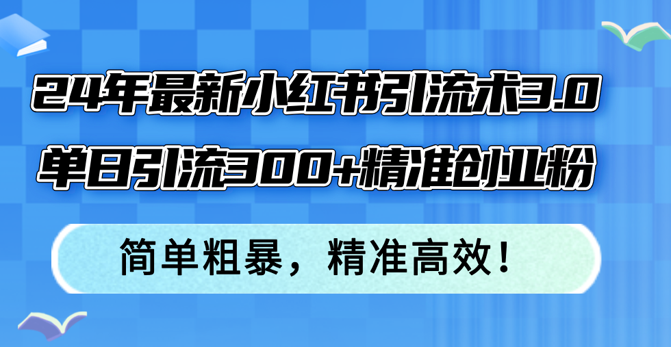 24年最新小红书引流术3.0，单日引流300+精准创业粉，简单粗暴，精准高效！-蚂蚁汇资源分享项目网