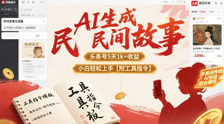 AI生成民间故事，头条号5天1k+，小白轻松上手【附工具指令】-蚂蚁汇资源分享项目网