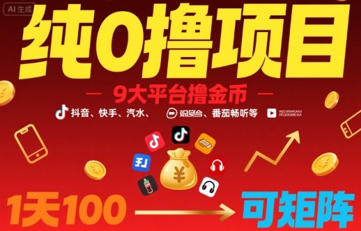 纯0撸项目，9大平台撸金币，抖音，快手，汽水，番茄畅听等，1天100，可矩阵-蚂蚁汇资源分享项目网