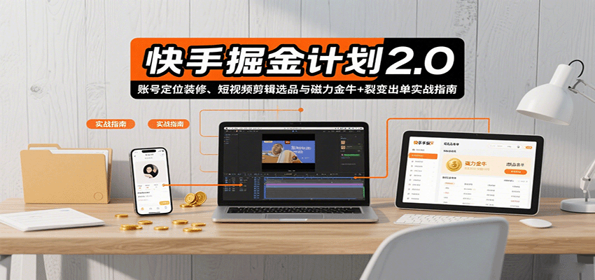快手掘金计划2.0，账号定位装修、短视频剪辑选品与磁力金牛+裂变出单实战指南-蚂蚁汇资源分享项目网