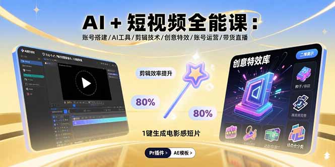 AI+短视频全能课：账号搭建/AI工具/剪辑技术/创意特效/账号运营/带货直播-蚂蚁汇资源分享项目网