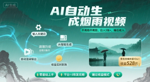 不用拍不用剪！AI自动生成烟雨视频，日入5张+，睡后收入-蚂蚁汇资源分享项目网