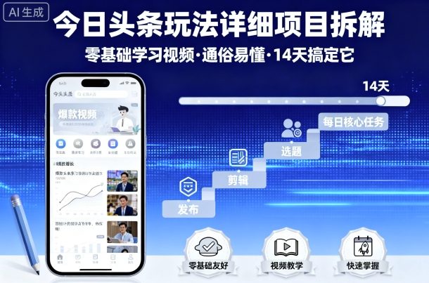 今日头条玩法详细项目拆解，零基础学习视频 通俗易懂 14天搞定它-蚂蚁汇资源分享项目网