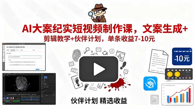 AI大案纪实短视频制作课，文案生成+剪辑教学+伙伴计划，单条收益7-10元-蚂蚁汇资源分享项目网
