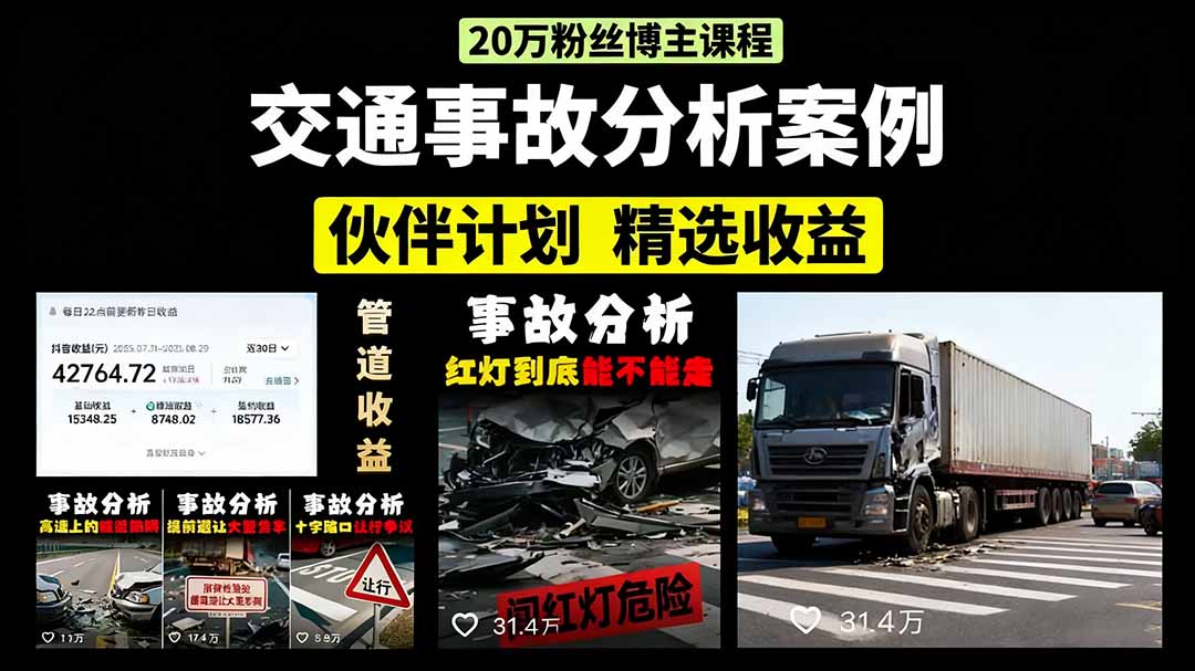 交通事故分析案例短视频，剪辑技巧+文案模板+配音教学+快速起号 月收益2w+-蚂蚁汇资源分享项目网