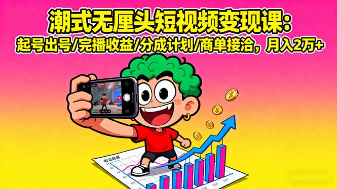 潮式无厘头短视频变现课：起号出号/完播收益/分成计划/商单接洽，月入2万+-蚂蚁汇资源分享项目网