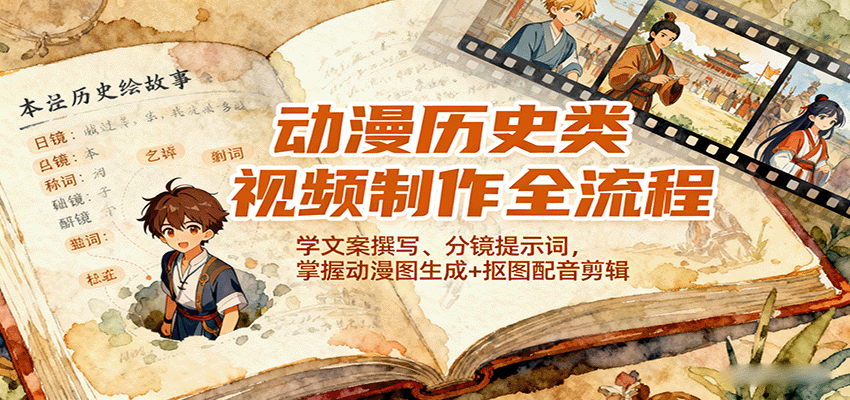 动漫历史类视频制作全流程，学文案撰写、分镜提示词，掌握动漫图生成+抠图配音剪辑-蚂蚁汇资源分享项目网