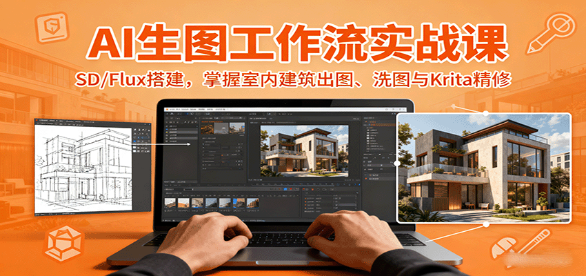 AI生图工作流实战课：SD/Flux搭建，掌握室内建筑出图、洗图与Krita精修-蚂蚁汇资源分享项目网