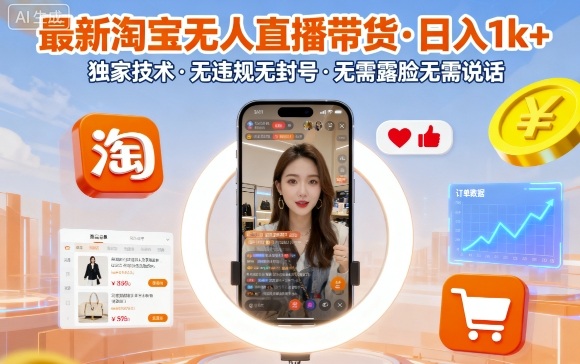 最新淘宝无人直播带货，日入1k+，独家技术，无违规无封号，无需露脸无需说话【揭秘】-蚂蚁汇资源分享项目网