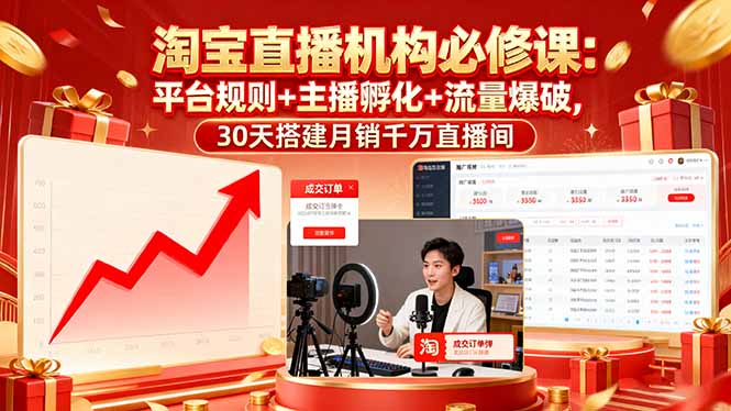淘宝直播机构必修课：平台规则/主播孵化/流量爆破,30天搭建月销千万直播间-蚂蚁汇资源分享项目网