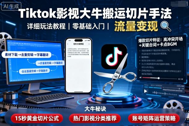 Tiktok影视大牛搬运切片手法，详细玩法教程-蚂蚁汇资源分享项目网