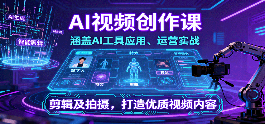 AI视频创作课，涵盖AI工具应用、运营实战、剪辑及拍摄，打造优质视频内容-蚂蚁汇资源分享项目网