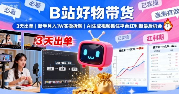B站好物带货，3天出单，新手月入1W实操拆解，AI生成视频，抓住平台红利期最后机会-蚂蚁汇资源分享项目网