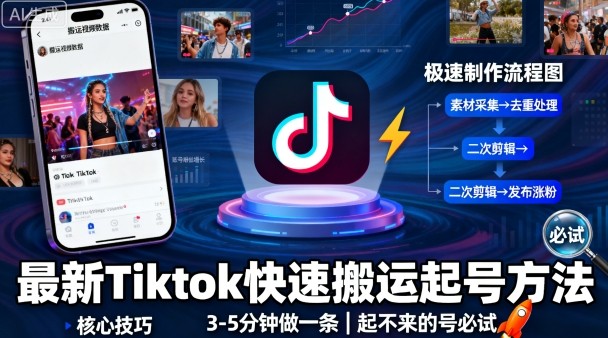 最新Tiktok快速搬运快速起号方法，3-5分钟做一条，起不来的号可以试试-蚂蚁汇资源分享项目网