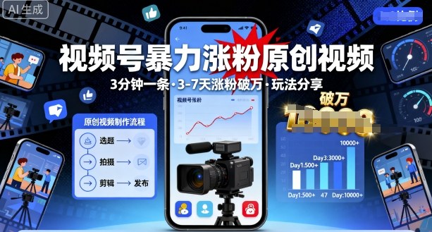 视频号暴力涨粉原创视频，3分钟一条原创视频，3-7天涨粉破万，玩法分享给你-蚂蚁汇资源分享项目网