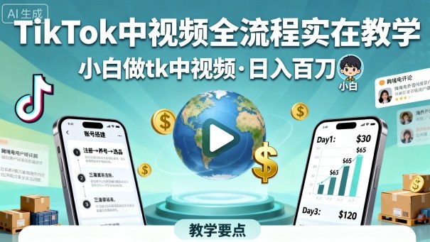 TikTok中视频全流程实操教学，小白做tk中视频，日入百刀-蚂蚁汇资源分享项目网