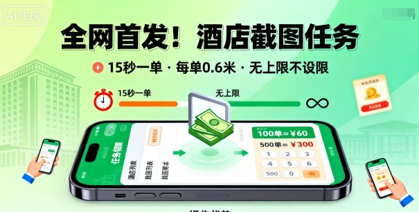 全网首发！酒店截图任务，15秒一单，每单0.6米，任务无上限不设限，矩阵操作单日3张到手【揭秘】-蚂蚁汇资源分享项目网