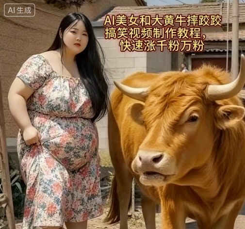 AI美女和大黄牛摔跤搞笑荒诞视频制作教程，快速涨千粉万粉-蚂蚁汇资源分享项目网