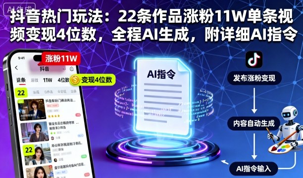 抖音热门玩法：22条作品涨粉11W单条视频变现4位数，全程AI生成，附详细AI指令-蚂蚁汇资源分享项目网