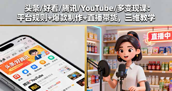 头条/好看/腾讯/YouTube/多变现课：平台规则+爆款制作+直播带货，三维教学-蚂蚁汇资源分享项目网