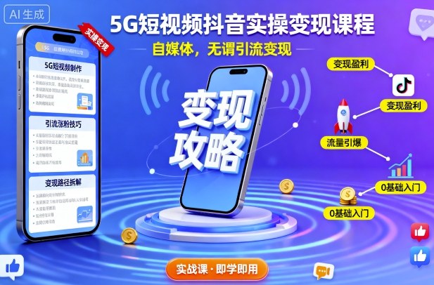 5G短视频抖音实操变现课程，自媒体，无谓引流变现-蚂蚁汇资源分享项目网