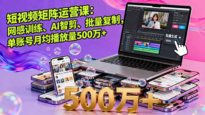 短视频矩阵运营课：网感训练、AI智剪、批量复制，单账号月均播放量500万+-蚂蚁汇资源分享项目网