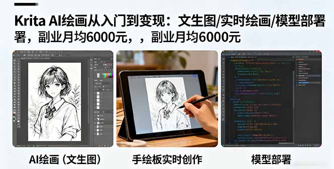 Krita AI绘画从入门到变现：文生图/实时绘画/模型部署，副业月均6000元-蚂蚁汇资源分享项目网