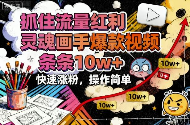 抓住流量红利，灵魂画手爆款视频，条条10w+，快速涨粉，操作简单-蚂蚁汇资源分享项目网