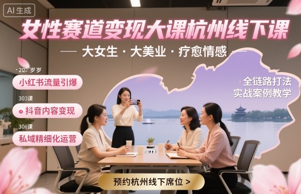 女性赛道变现大课杭州线下，大女生，大美业，疗愈情感，一套小红书、抖音、私域全链路打法-蚂蚁汇资源分享项目网