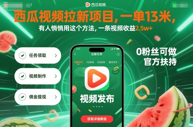 西瓜视频拉新项目，一单13米，有人悄悄用这个方法，一条视频收益2.5w+(附详细教程)-蚂蚁汇资源分享项目网