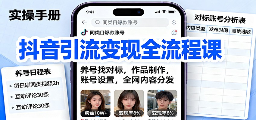 抖音引流变现全流程课：养号找对标，作品制作，账号设置，全网内容分发-蚂蚁汇资源分享项目网