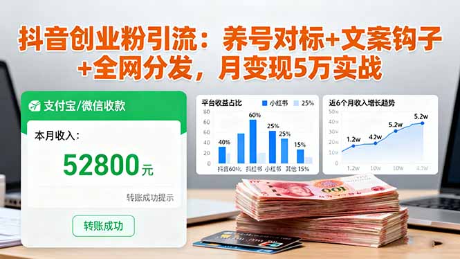 抖音创业粉引流：养号对标+文案钩子+全网分发，月变现5万实战-蚂蚁汇资源分享项目网