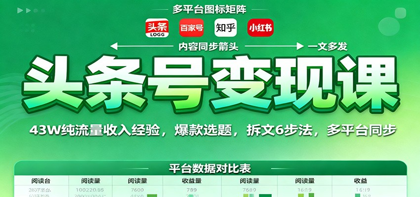 头条号变现课：43W纯流量收入经验，爆款选题，拆文6步法，多平台同步-蚂蚁汇资源分享项目网