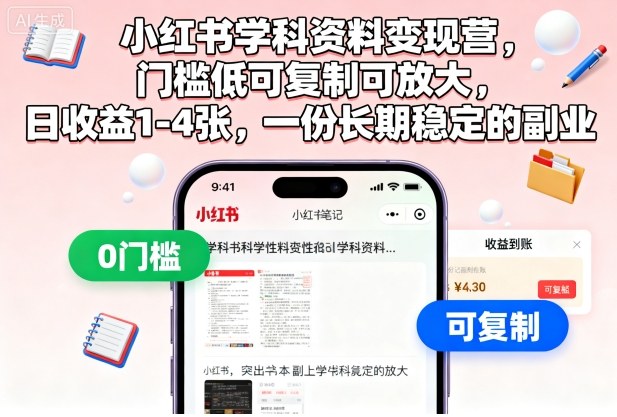 小红书学科资料变现营，门槛低可复制可放大，日收益1-4张，一份长期稳定的副业-蚂蚁汇资源分享项目网
