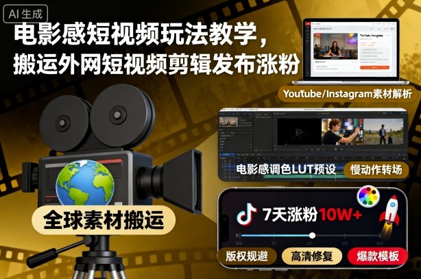 电影感短视频玩法教学，搬运外网短视频剪辑发布涨粉-蚂蚁汇资源分享项目网
