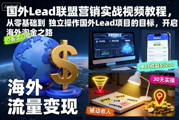 国外Lead联盟营销实战视频教程，从零基础到独立操作国外Lead项目的目标，开启海外淘金之路-蚂蚁汇资源分享项目网