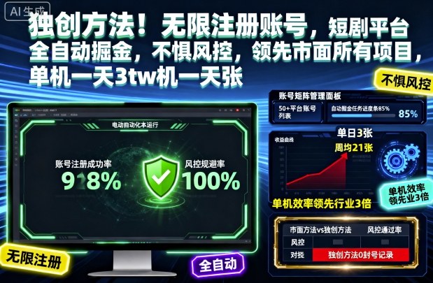 独创方法！无限注册账号，短剧平台全自动掘金，不惧风控，领先市面所有项目，单机一天3张【揭秘】-蚂蚁汇资源分享项目网
