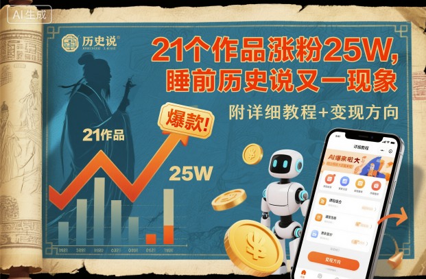 21个作品涨粉25W，睡前历史说又一现象级AI内容大爆款来啦，附详细教程+变现方向-蚂蚁汇资源分享项目网