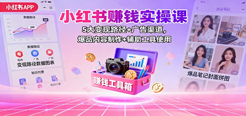 小红书赚钱实操课：5大变现路径+广告渠道，爆品内容制作+辅助工具使用-蚂蚁汇资源分享项目网