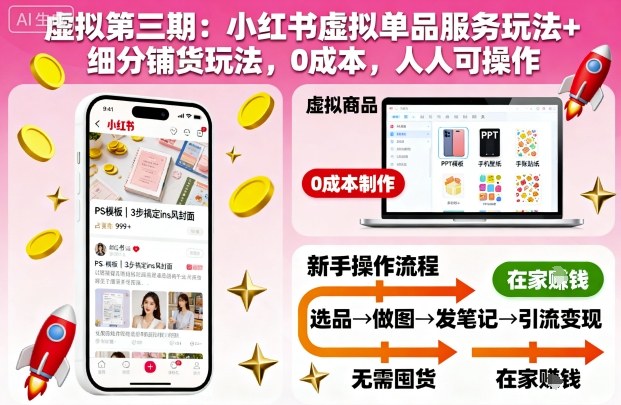 虚拟第三期：小红书虚拟单品服务玩法+细分铺货玩法，0成本，人人可操作(更新)-蚂蚁汇资源分享项目网