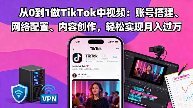 从0到1做TikTok中视频：账号搭建、网络配置、内容创作，轻松实现月入过万-蚂蚁汇资源分享项目网