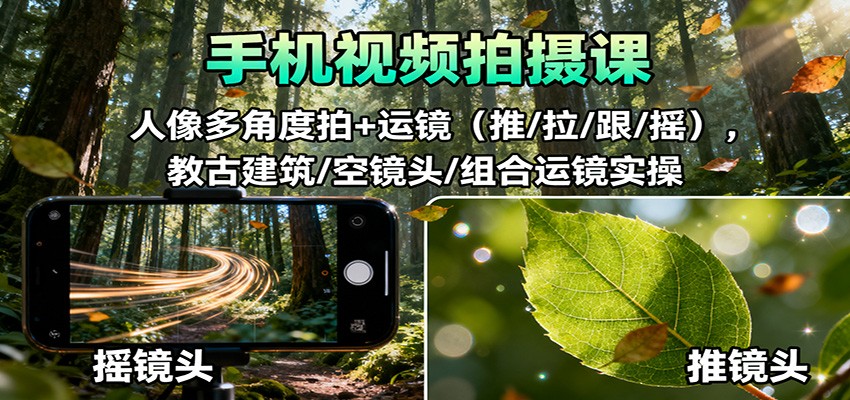 手机视频拍摄课：人像多角度拍+运镜(推/拉/跟/摇)，古建筑/空镜头/组合运镜实操-蚂蚁汇资源分享项目网