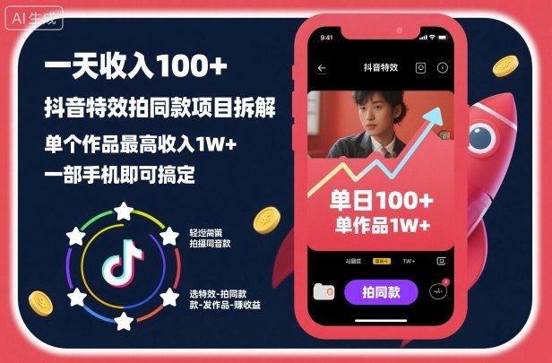 一天收入100+，抖音特效拍同款项目拆解，单个作品最高收入1W+，一部手机即可搞定-蚂蚁汇资源分享项目网