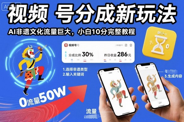 视频号分成新玩法，AI非遗文化流量巨大，小白10分钟搞定，完整教程-蚂蚁汇资源分享项目网