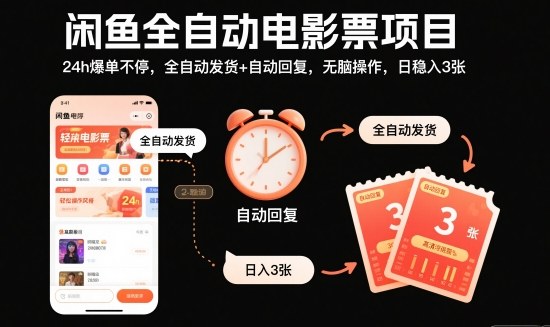 闲鱼全自动电影票项目，24h爆单不停，全自动发货+自动回复，无脑操作，日稳入3张【揭秘】-蚂蚁汇资源分享项目网