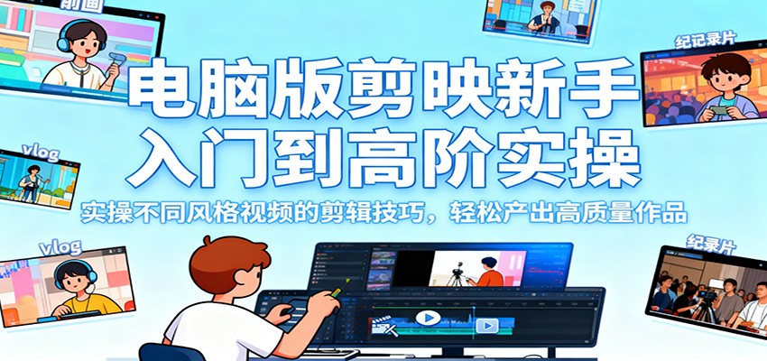 电脑版剪映新手入门到高阶实操，实操不同风格视频的剪辑技巧，轻松产出高质量作品-蚂蚁汇资源分享项目网