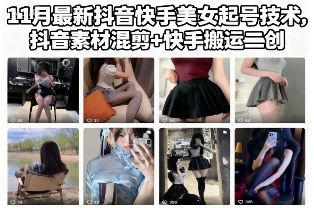 11月最新抖音快手美女起号技术，抖音素材混剪+快手搬运二创-蚂蚁汇资源分享项目网