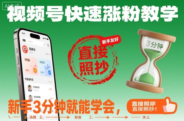 视频号快速涨粉教学，新手3分钟就能学会，直接照抄！-蚂蚁汇资源分享项目网
