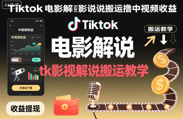 Tiktok电影解说搬运撸中视频收益，tk影视解说搬运教学-蚂蚁汇资源分享项目网